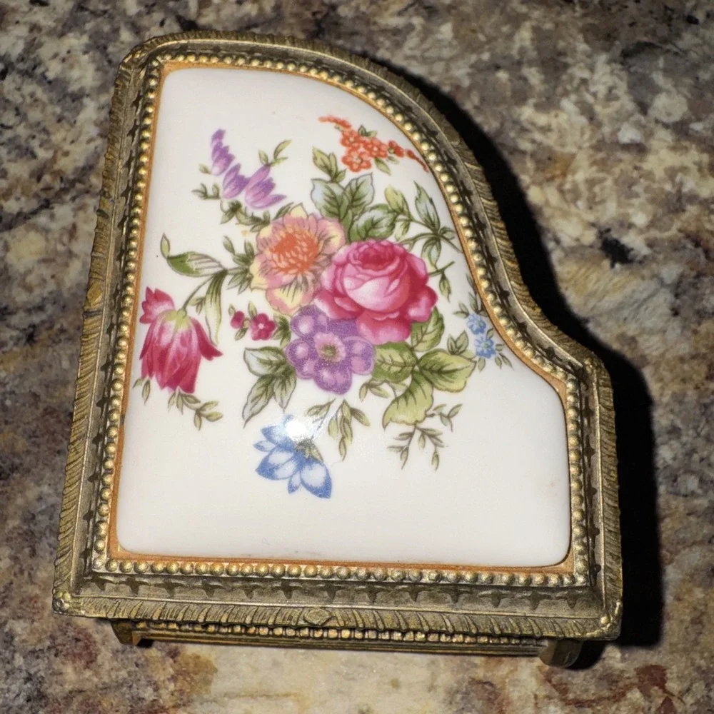 Piano Music Trinket Box Vintage Floral Gold tone Japan Works!